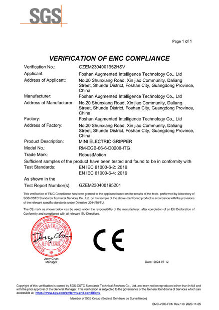 Porcellana Foshan Augmented Intelligence Technology Co., Ltd Certificazioni